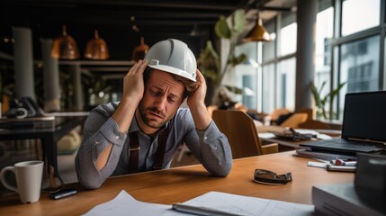 Young architect wearing a hard hat Shows signs of anxiety while working in the office