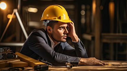 Young architect wearing a hard hat Shows signs of anxiety while working in the office