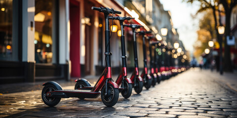 Row of rental electric scooters parked in the city with blurred background - sustainable electric mobility concept