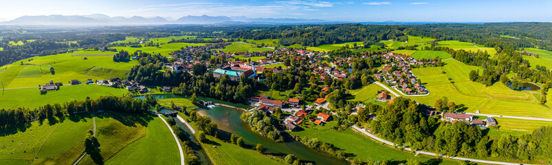 Beuerberg Bavaria. Alps Mountains in the back. Aerial Drone panorama - obrazy, fototapety, plakaty
