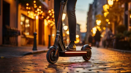 Tuinposter person driving an electric scooter in the city at night with blurred background - sustainable electric mobility concept © juancajuarez