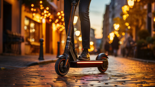 person driving an electric scooter in the city at night with blurred background - sustainable electric mobility concept