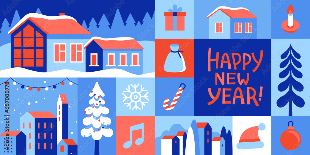 Aufkleber vector illustration in trendy flat simple style - merry christmas and happy new year greeting card a