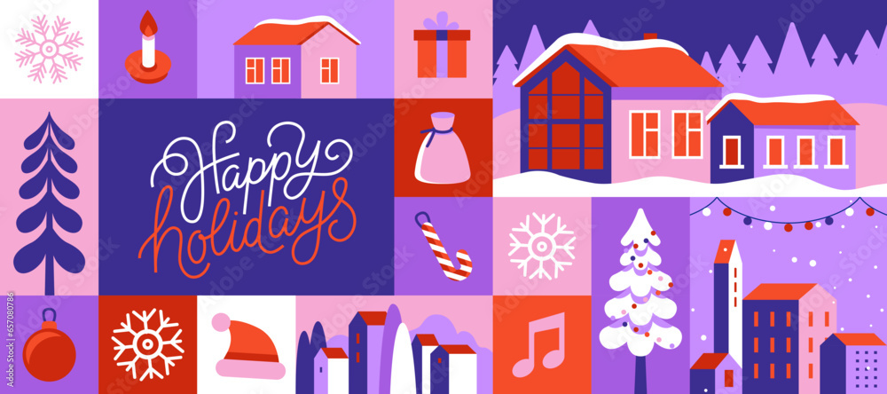 Aufkleber vector illustration in trendy flat simple style - merry christmas and happy new year greeting card a