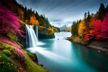 Foto auf Alu-Dibond waterfall in autumn and generated AI © husna