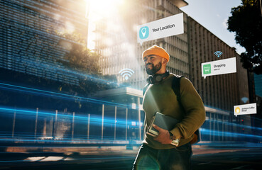 Augmented reality, connection and student walking in city with hologram for futuristic internet...