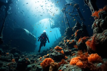  Diver exiting a submarine to explore a vibrant coral reef, Generative AI
