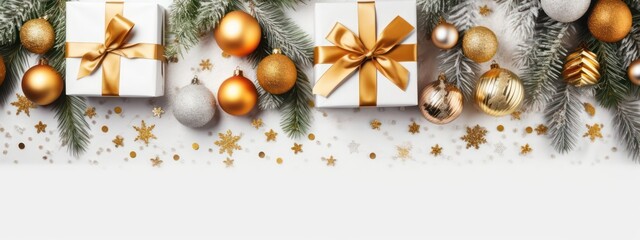 Wide Christmas wide banner. Background Xmas design of white gifts box Christmas balls, Christmas tree branches snowflakes, golden glitter confetti. Horizontal christmas poster, greeting card, website