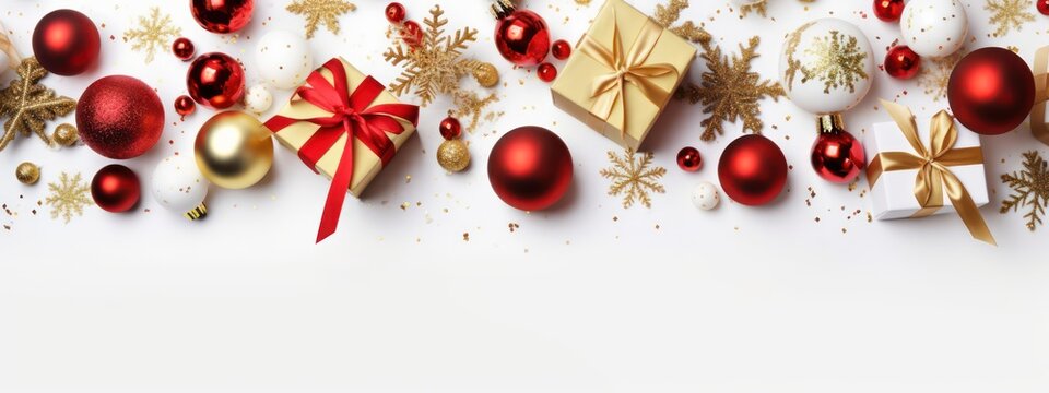 Wide Christmas composition. Gifts, red decorations, Christmas balls, snowflakes on white background. Christmas, winter, new year concept. Flat lay, top view, copy space