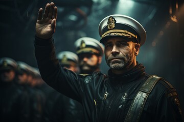 Submarine captain and crew members saluting on the deck, Generative AI
