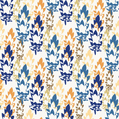 Mid-century modern style leaf seamless vector pattern background. Textural blended leaves backdrop. Diagonal striped effect. Blue yellow white botanical foliage design. Repeat for fall, autumn, winter