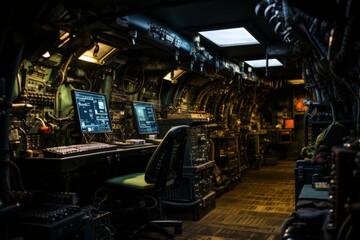 Submarine's control room with sailors monitoring instruments and screens, Generative AI