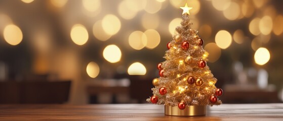 Fototapeta na wymiar Miniature Christmas tree with beautiful bokeh of Christmas lights on wood table, Generative AI