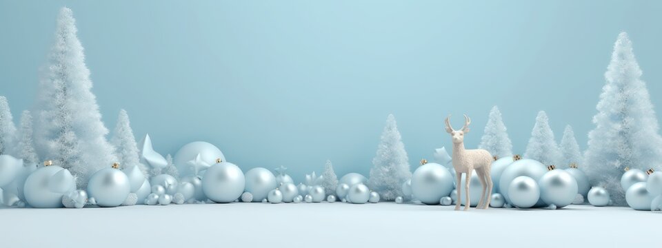 Merry Christmas and Happy New Year Blue Background. Xmas winter holiday composition. Realistic 3d design, Minimal ceramic gold deer, Christmas trees and balls.