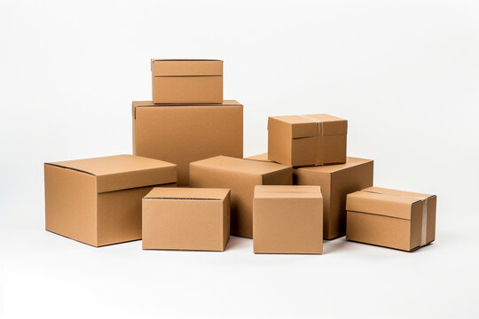 Cardboard packages isolated on white background. Mockup parcel. Boxes with goods, ordered online. Delivery, distribution and e-commerce concept. AI generative.