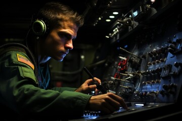 Submarine's sonar operator listening for underwater signals, Generative AI