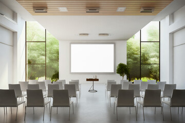 Empty auditorium, conference room or lecture hall. Light furniture, big white mockup board and panoramic windows. Educational concept. AI generative. - obrazy, fototapety, plakaty