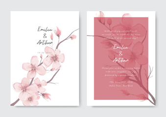 Arrangement of pink orchid flowers and leaves at corner frame hand painting on wedding invitation card. Beautiful wedding card invitation.