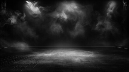 Dark empty grungy show room with smoke and spotlights. Black walls and floor. Moody front view, mockup, background. Interior and studio concept. AI generated illustration. - obrazy, fototapety, plakaty