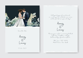 Wedding card template with black floral feather concept watercolor style. Rustic wedding card.