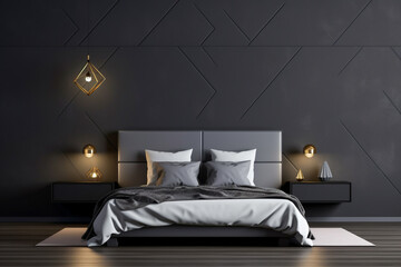 Modern bedroom in gray colors. Bed, bedside table, headboard, lamps and carpet. Empty wall. Front view, mockup, background. Interior and studio concept. AI generative.