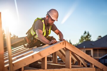 A male roofer is in the process of strengthening the wooden structures of the roof of a house. A middle-aged Caucasian man in hardhat is working on the construction of a wooden frame house.