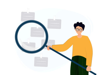 Person looking at the notes with magnifying glass, searching for information, planning and management, flat vector illustration