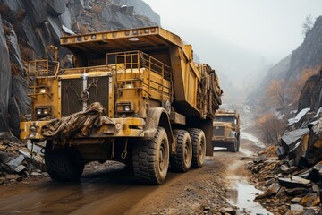 Articulated dump truck navigating through rough terrain in a quarry, Generative AI
