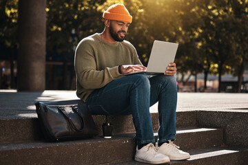 Student, man and laptop at outdoor campus for university, college or scholarship research, studying...