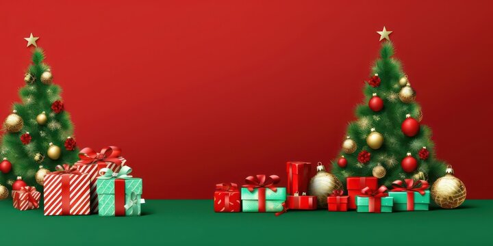 Red green Christmas background with gift boxes and Christmas tree. Beautiful background image of a wide format on a winter theme