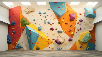 Grey wall with climbing holds in gym. - obrazy, fototapety, plakaty