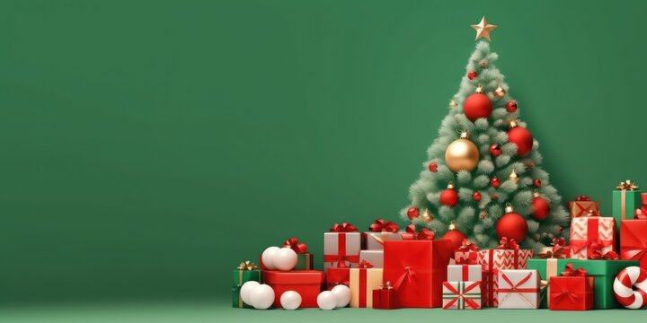 Green Christmas background with gift boxes and Christmas tree. Beautiful background image of a wide format on a winter theme