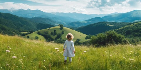 Girl walking on mountain. Adventurous summer. Exploring beauty. Journey of freedom. Escapade in mountains. Nature wonders. Summertime trek. Enjoying scenery