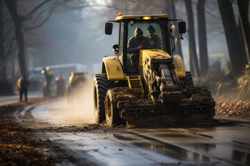 Grader creating a smooth surface on a rural road, Generative AI - obrazy, fototapety, plakaty