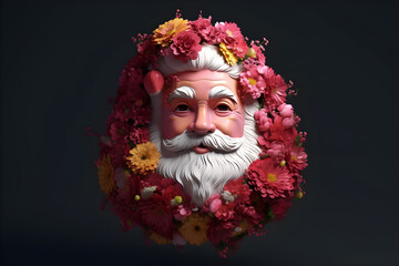 3D Santa Claus Face Cover With Flowers, Ai Generated