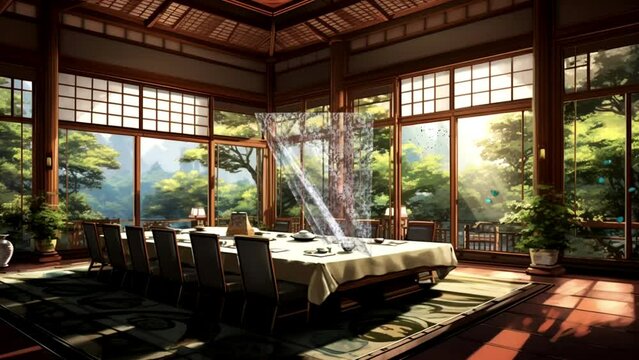 meeting room with typical Japanese style, seamless looping video background animation, cartoon anime style