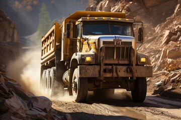  Heavy-duty dump truck hauling earth and rocks at a mining site, Generative AI