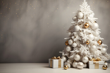 christmas tree decorations, santa claus with gifts, snowman in the snow, christmas gift boxes	