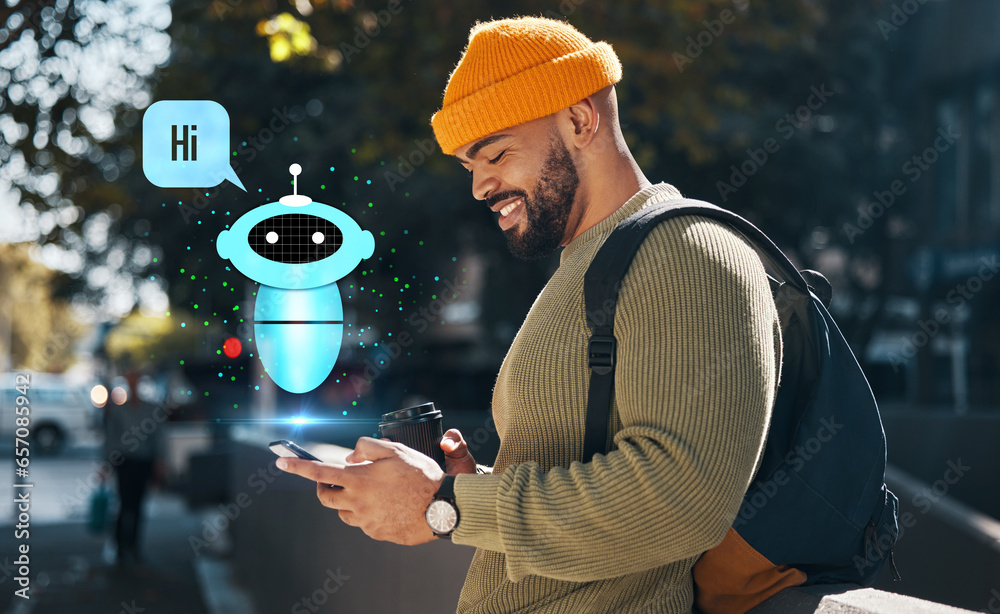Poster happy man, phone and city with hologram for chat bot, automatic response or communication in town. m