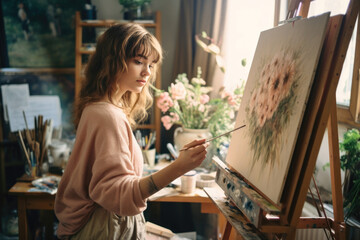 Young female artist painting on canvas in studio.