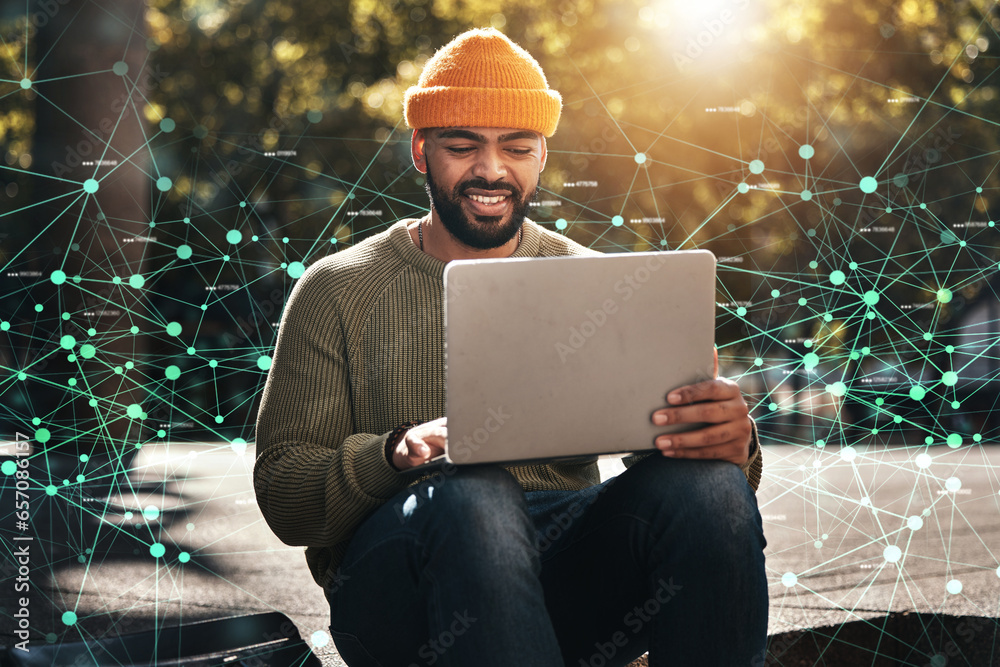 Wall mural man, student and laptop hologram of internet, information technology and software development resear