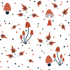 Fall seamless pattern vector illustration, mushroom and leaves autumn background