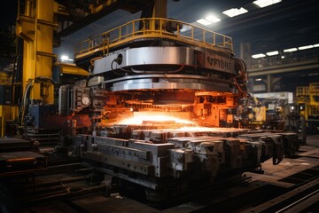 Powerful hydraulic press bending thick steel beams at a metalworking facility, Generative AI
