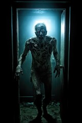 Creepy zombie is walking in the hallway