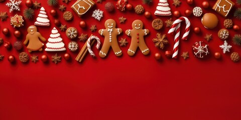 Red Christmas background with Season Composition Festive Elements such as Cookies, gift box, Candies, snowflake, gingerbread men, winter spice, Christmas Tree Decorations. - obrazy, fototapety, plakaty