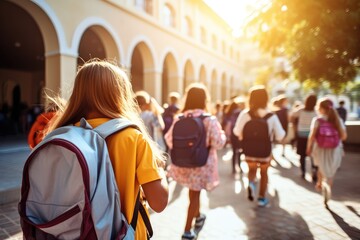 Elementary school kids with backpacks excitedly entering school - First day of school - AI Generated - obrazy, fototapety, plakaty