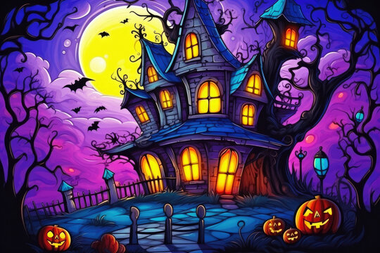 Colorful Ghostly Fun: Kids' Haunted House Drawing
