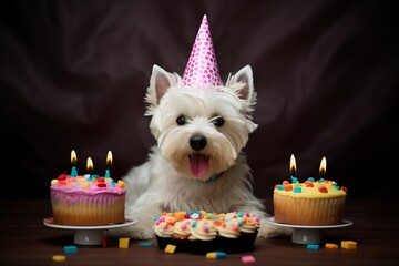happy westie in a birthday paper hat eating from cake - obrazy, fototapety, plakaty