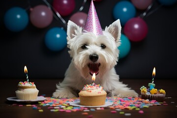 happy westie in a birthday paper hat eating from cake