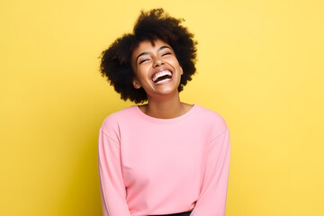 Colorful studio portrait of an african-american young woman smiling happily, yellow and pink. Generative AI - obrazy, fototapety, plakaty